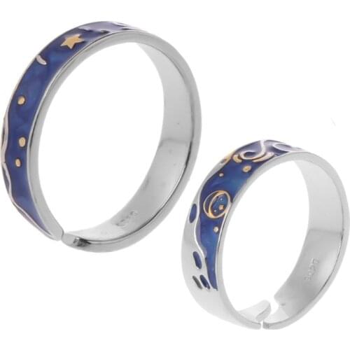 S925 Plated Van Gogh Starry Sky Open Lover Rings Band Romantic Jewelry Gift