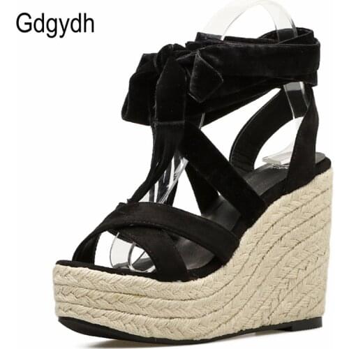 Gdgydh Weaving Cross Strap Platform Sandals Summer Wedges Heel Shoes For Women Flock Ankle Strap Ladies Gladiator Sandals Black