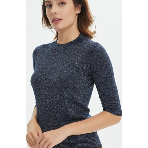 Sueter Mujer 2020 O Neck Shiny Lurex Sweater Women Casual Spring Pullover Knit Jumper Half Sleeve Tops Black Gray Beige White