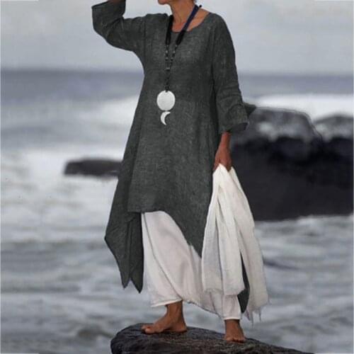 Vintage Cotton Linen Dress Women Casual Solid Boho Long Dress Plus Size Long Sleeve Beach Irregular Maxi Dresses For Women 2021