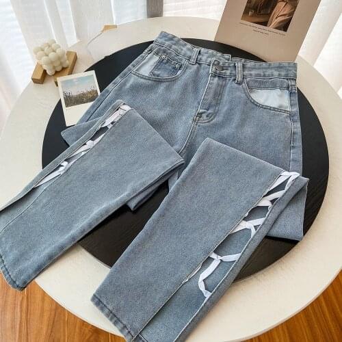 2021 Summer Design Y2k Pants Women High Waist Thin Blue Denim Trousers Safari Style Lace Up Casual Loose Jeans Korean Fashion