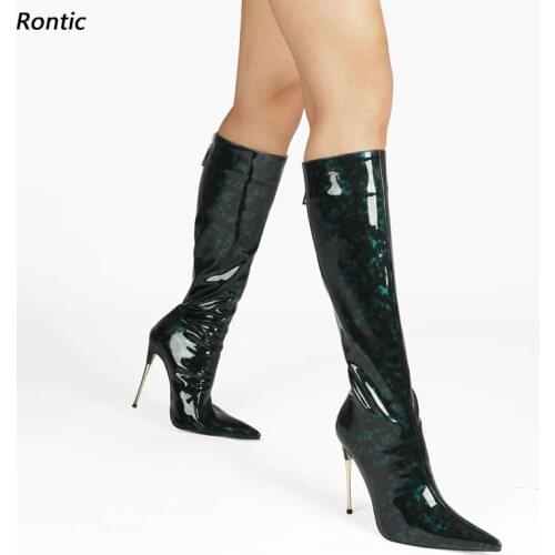 Rontic New Women Winter Knee Boots Patent Stiletto Metal Heels Pointed Toe Pretty Dark Blue Red Brown Dress Shoes US Size 5-15