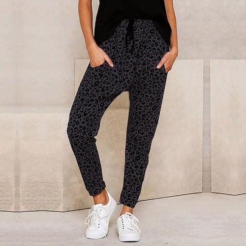 Ladies Leopard Printed Fitness Trousers Autumn Casual Lace Up Straight Pants Fashion Pockets Female Full Pants