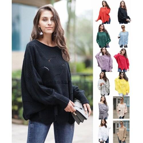 Women Sweaters Fashion Casual Hollow Out Knitwear Female Lantern Long Sleeve O Neck Loose Solid Color Ruffle Pullover