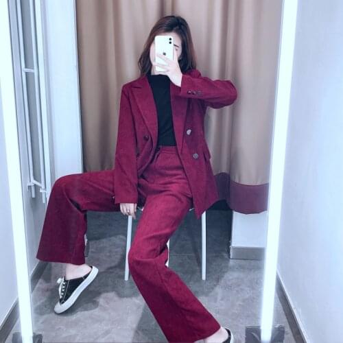 Women Corduroy Suit Casual Blazer & High Waist Pant Office Lady Notched Jacket Pant Suits Korean Femme 2 pieces set