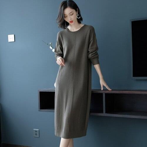 Women wool dress 2020 Autmn Winter O-neck long sleeve solid loose knitted soft long cashmere dress