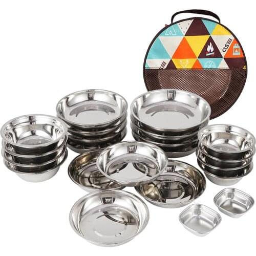 22Pcs/Set Camping Stainless Steel Dinner Dish Plate Durable Outdoor Picnic Tableware Salad Bowl Food Container
