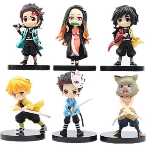 6pcs Demon Slayer Doll Kimetsu No Yaiba Figure Q Posket Kamado Tanjirou Kamado Nezuko Agatsuma Figure Toys Cartoon Doll Ornament