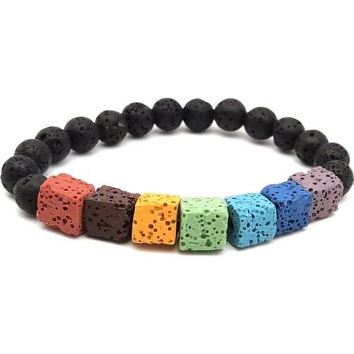 8mm Cubic Seven Chakras Bracelet Chromatic Lava Stone Essential Oil Diffuser Black Beads Buddha Yoga Strand Women Men Jewelry