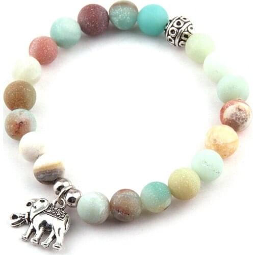Free Shipping Fashion Beautiful 8mm Natural Matt Amazonite Stone Wrist Elephant Charm Bracelet