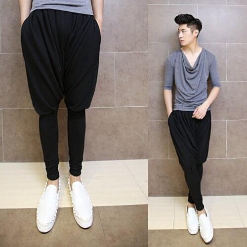 Men korean nightclub hip hop harem pants baggy trousers men punk drop crotch pencil pants streetwear gothic style stage costume