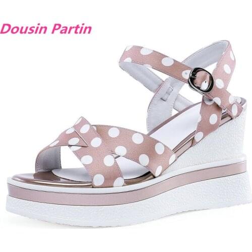 Dousin Partin 2019 Women Sandals Silk+PU Wedge High Heel Round Open-toed Buckle Polka Dot Slingback Sweet Soft Bottom Shoes