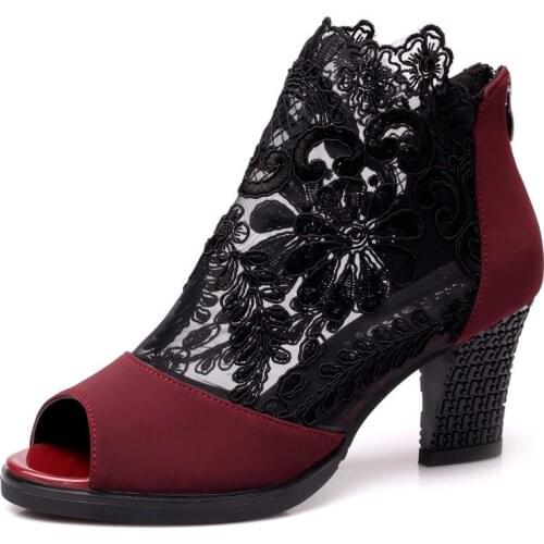 Breathable Summer Women Pumps Shoes Mid-heeled Ladies High Heels Shoes Plus Size Silk Screen Gauze High Heels Pumps