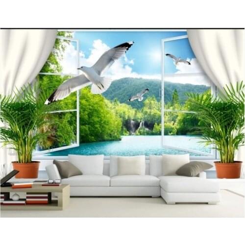 Custom mural on the wall 3d wall paper Window mountain lake pigeon scenery home decor photo wallpaper in the living room