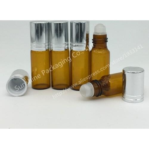 Hot sale 10 pcs 5ml Roll on perfume bottle, 5 ml amber essential oil roll on bottle, small brown glass roller container 5ml