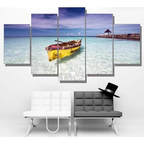 Canvas Painting Blue Ocean Yellow Boat Seascape Oil Picture Wall Art Poster Seaview Art Print Modern Home Decor Frameless 5Pcs