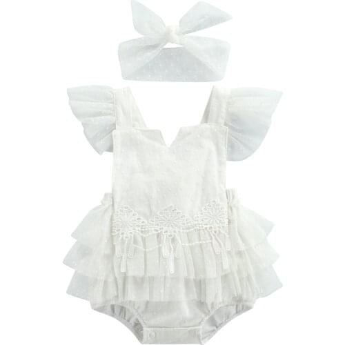 Princess Infant Baby Girls Rompers Headband 2pcs 0-24M Ruffles Sleeve Lace Floral Printed Backless Jumpsuits