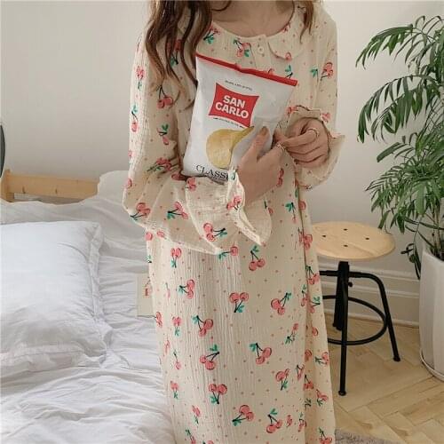 Big cherry print home clothes women pajamas set long sleeve shirt pyjamas pants sleepwear long sleeve loose nightgowns Y105
