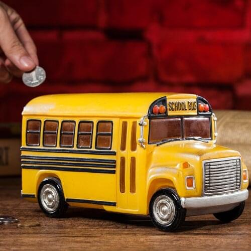 Creative personality children yellow school bus resin coin money box Retro Simulation car decoration piggy bank
