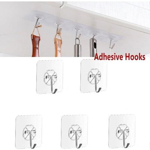 5Pcs Adhesive Hooks Reusable Utility Hooks Heavy Duty 13LB Wall Hooks Transparent Seamless Hooks Waterproof and Oil Proof