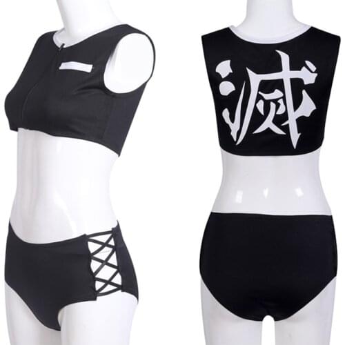 Anime Demon Slayer Two Piece Beach Swimsuit Zipper High Waist Lace Up Bathing Suit Kimetsu no Yaiba Cosplay Swimwear Bikini Set