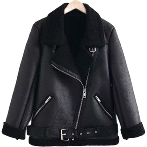 2020 Autumn Winter Coat Womens Loose Faux Leather Jacket Patchwork Lamb Warm Coats Turn-down Collar with Belt Girl Tops B671
