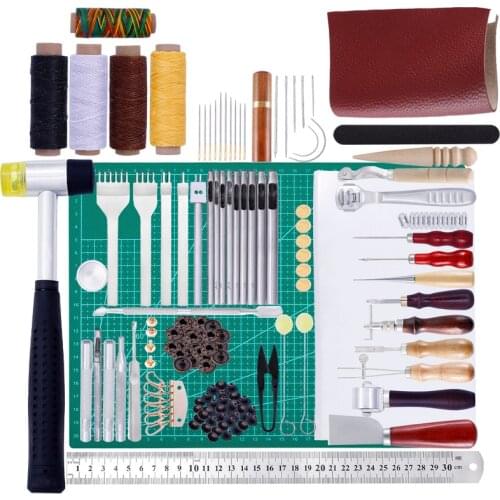 52PCS Leather Craft Punch Tools Set Kit Stitching Carving Working Sewing Saddle Groover Leather Crafts Tools Skiving Knife