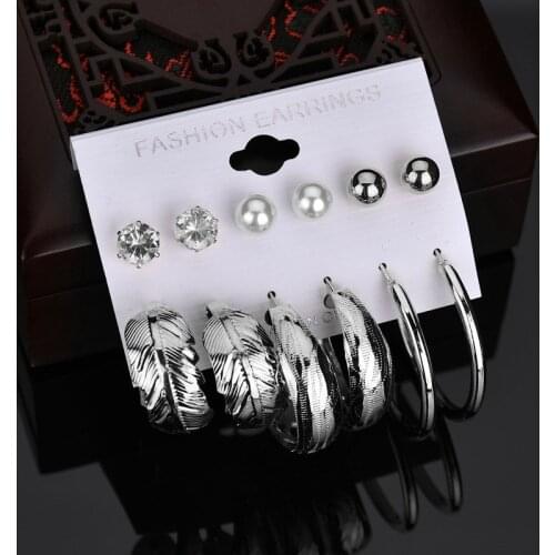 Modyle 6 Pairs/set Trendy Female Rhinestone Crystal Stud Earrings For Women Gold Circle Earring Set Mix Punk Style Jewelry