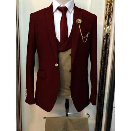 New Fashion Men Wedding Suits Burgundy Red Plaid one button Dress Tuxedo for Groom Plus Size Jacket Vest Pants 3 Pieces
