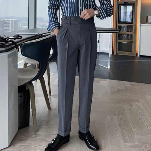 Autumn Business Solid Color Mens Pant High Waist Paris Button Office Social Suit Pants Temperament Wedding Casual Slim Trousers