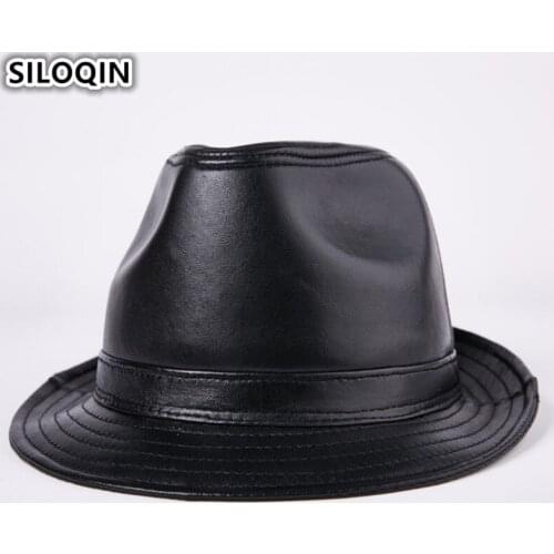 SILOQIN Genuine Leather Hat Autumn Winter Retro Mens Sheepskin Leather Fedoras Hats New Gentleman Trend Flat Top Hat For Women