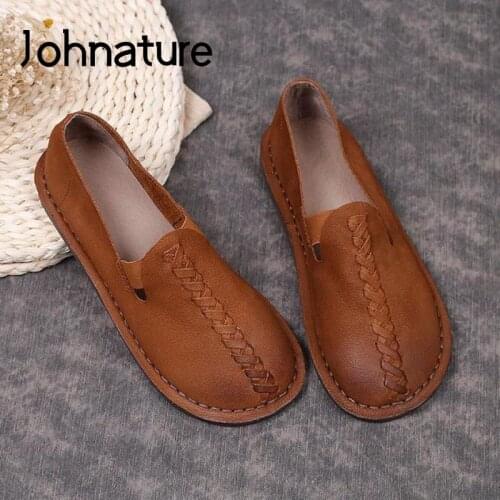 Johnature Spring/Autumn 2021 New Flats Women Shoes Genuine Leather Round Toe Casual Shallow Handmade Concise Retro Ladies Shoes