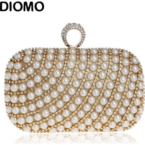 DIOMO 2020 Pearl Clutch Evening Bag for Women Fashion Luxury Purse Ladies Wedding Purse With Ring Party Shoulder Chain Bags