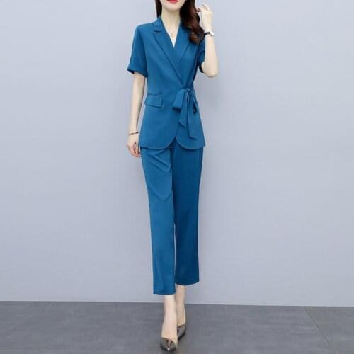 Summer Women Chiffon Short Sleeve Blazer+Straight Elastic Waist Pants Suits Fashion Casual Work Sets Elegant Woman Two Piece Set