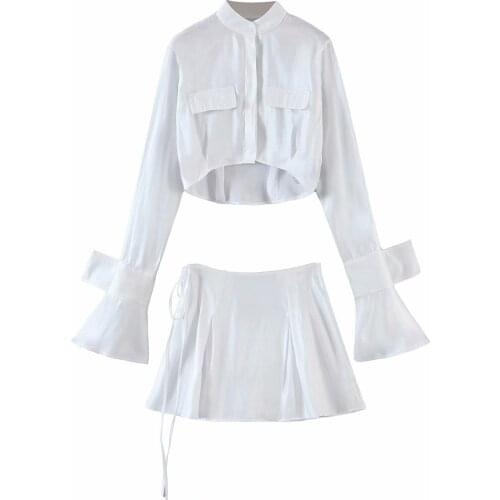 2021 spring new trumpet sleeve short shirt + European and American style high waist lace skirt short skirt suit female