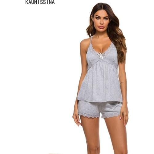 Women Sexy Lingerie Set Summer Pajama Sets Lace Patchwork Cami Top and Elastic Waist Shorts Pajamas Sleepwear Loungewear Women