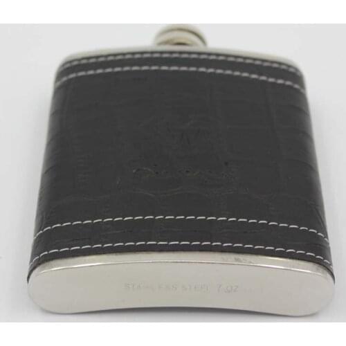 100pcs/lot High quality 7oz black leather hip flask stainless steel Whiskey flask gift set