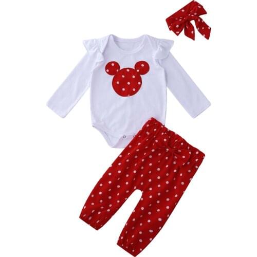 3Pcs Infant Baby Girls Suit Outfit Clothes Long Sleeves Cartoon Mouse Polka Dots Print Romper with Pants and Headband Sets