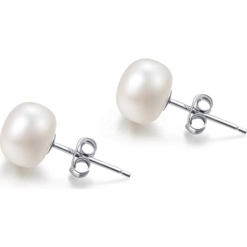 7-7.5mm 925 Sterling Silver Simple Button Freshwater Cultured Pearl Stud Earrings Real Fresh Water Flat Pearl Earrings