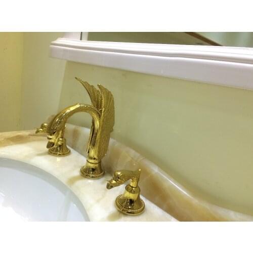 Free shipping gold CLOUR 3 PIECEs ROMAN SINK SWAN FAUCET BATHROOM lavatory mixer tap FAUCET