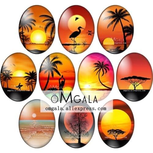 Art Paintings Beach Sunset Sunrise Patterns 13x18mm/18x25mm/30x40mm Oval photo glass cabochon flat back Making findings