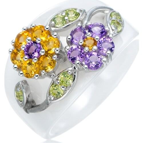 Citrine and Peridot and Amethyst , Rhodium Over Sterling Silver Flower Ring 1.02ctw with White or Black Ceramic