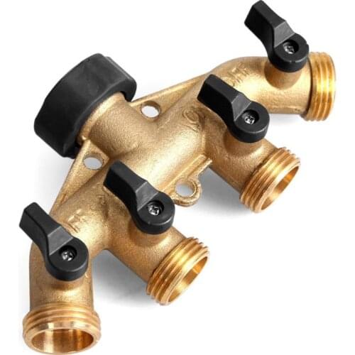 3/4 Inch Brass 4 Way Hose Pipe Splitter Nozzle Tap Connectors Garden Irrigation