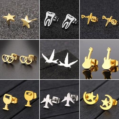 Small Stainless Steel Star Moon Earrings Women Girls Hip hop Minimalist Heartbeat Violin Heart Earings Best Gift for Friends