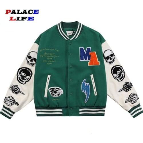 2021 Mens Hip Hop Varsity Jackets Furry Skull Patchwork Color Block Bomber Jackets Men Harajuku Streetwear Baseball Coats Unisex
