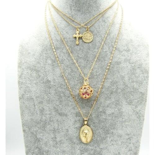 New Arrival Multi Chain Layered Cross and Goddess Charms with Heart Hollowed Locket DIY Essential Oil Diffuser Necklace