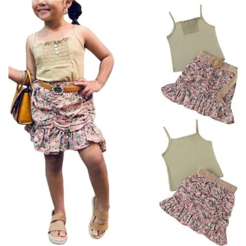 1-6 Years Kids Girls Summer Outfit Children Sweet Style Solid Color Suspender Top Floral Printing Flouncing Short Skirt Set Girl
