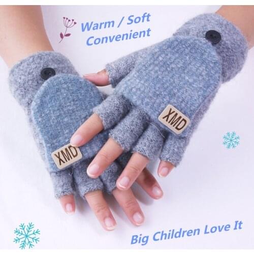 9-16 Years Old Boys Fingerless Gloves Winter Kids Flip Cover Warm Knitted Mittens Touch Screen Students Writing Driving Sports