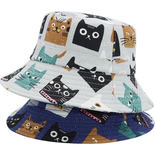 2021 Fashion Animal Cartoon Bucket Hat Cat Printing Fisherman Hat Men Women Cotton Street Hip Hop Flat Cap Fishing Bob Hat