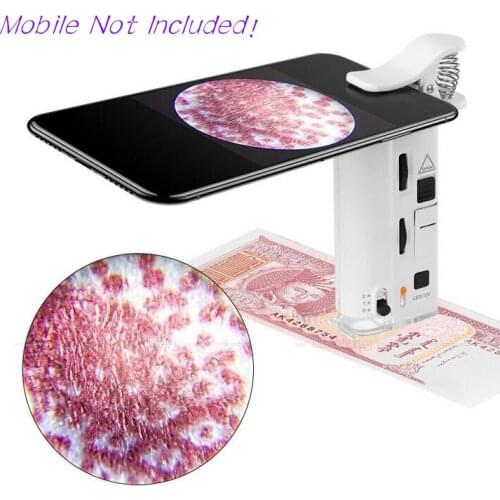 60X-100X Universal Clip Microscope Portable Mini Mobile Magnifier Loupe LED UV Light Magnifying Glass
